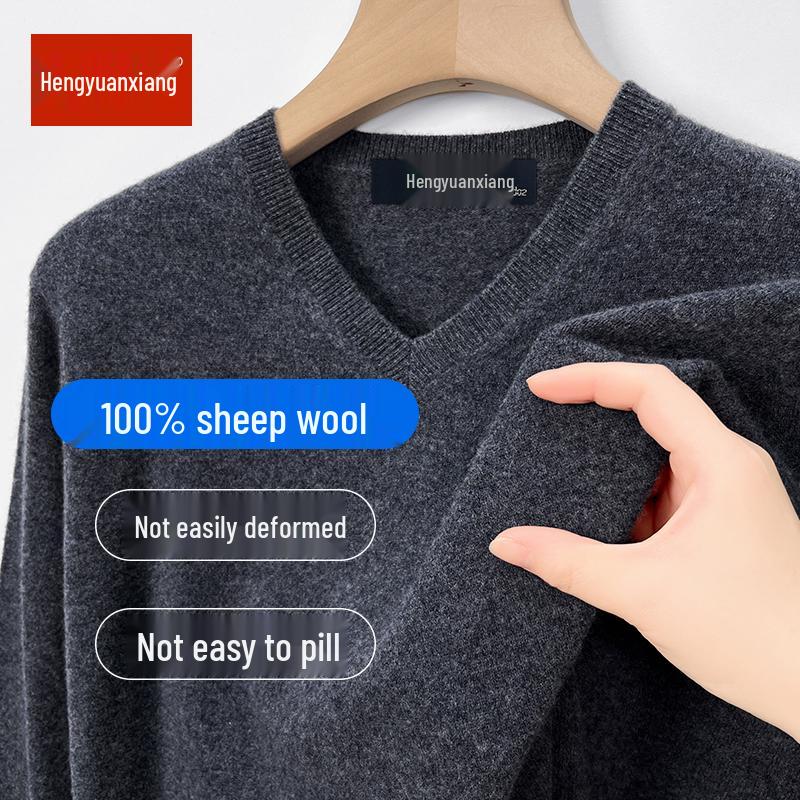 Hengyuanxiang Men's 100% Pure Wool Pullover, Round Neck, Thickened Winter Sweater for Middle-Aged Dads.