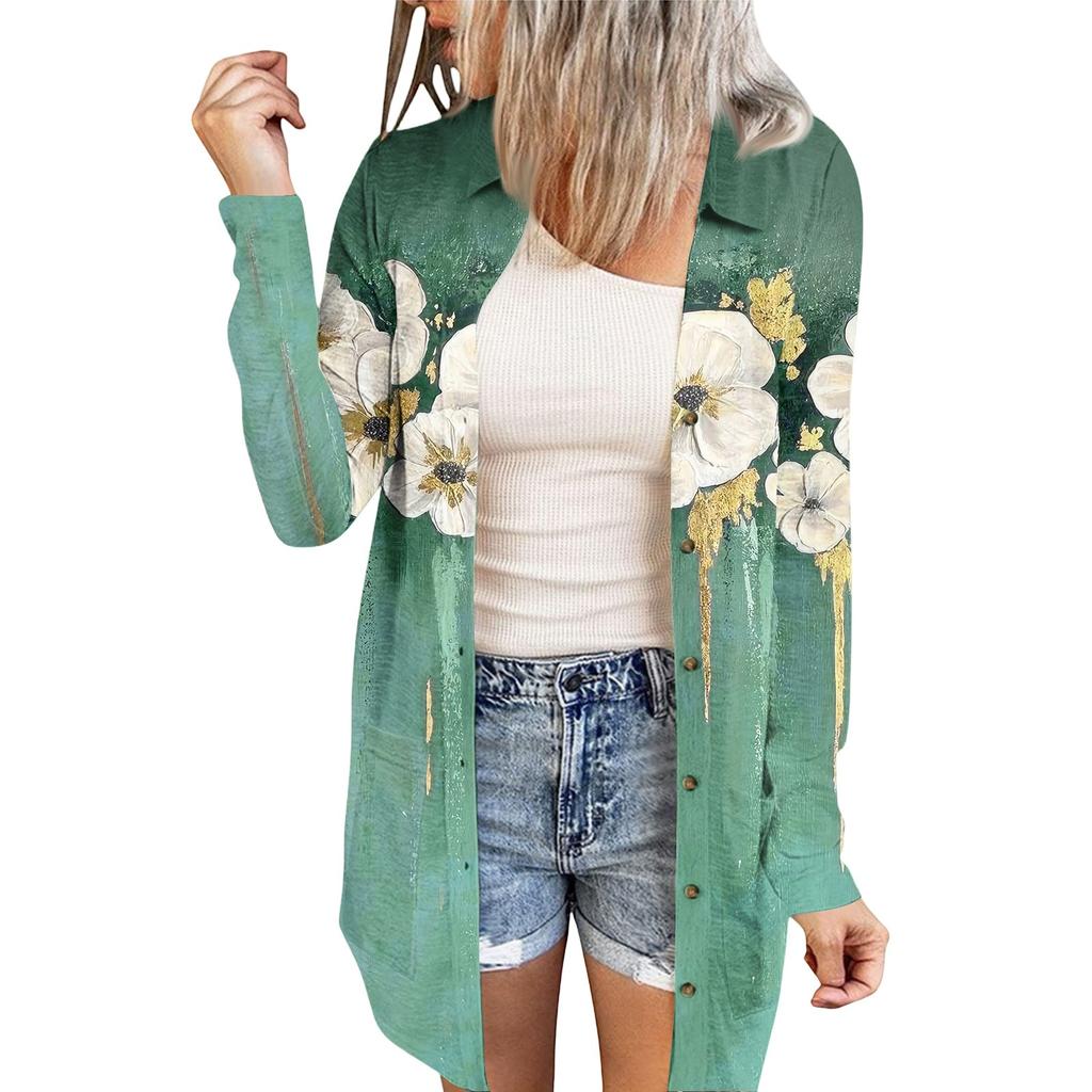 Women's Casual Fashion Floral Print Long Sleeve Mid-Length Cardigan Jacket