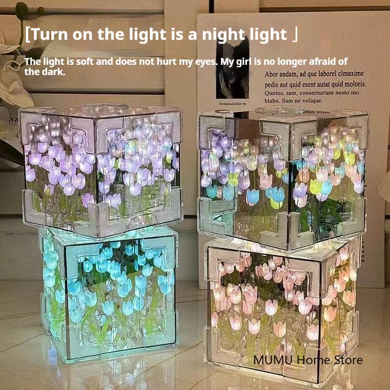 DIY 3D Cloud Tulip LED Night Light Flower Sea Mirror Table Lamps Cube Mirror Atmosphere Night Light Bedroom Decor Table Lamp