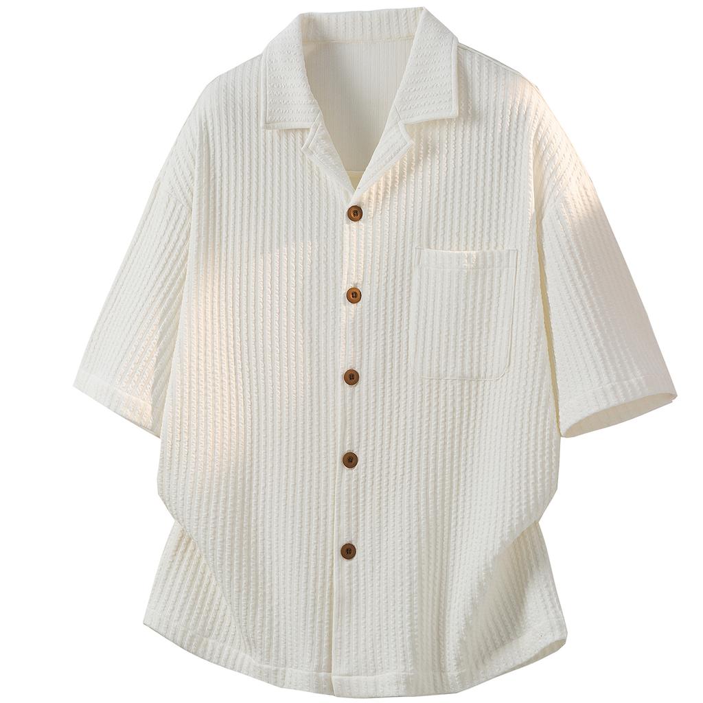 Summer Men's Fashion Texture Short Sleeve Casual Shirt with Pocket Loose Fit Versatile Top for Beach Holiday Work Daily