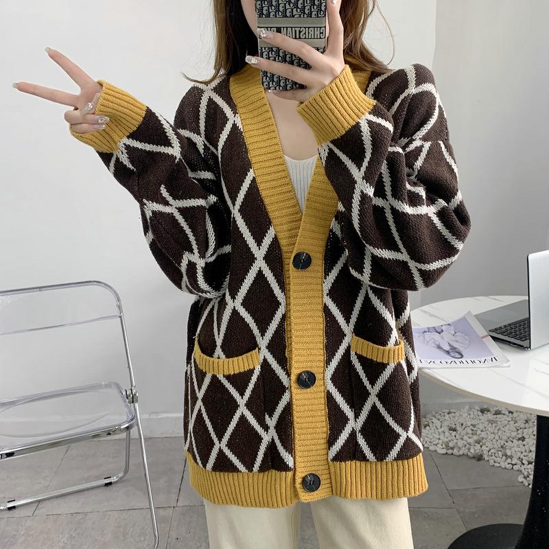 Real shot elegant temperament loose Korean version retro grid knitted cardigan small fresh age-reducing sweater jacket women's top