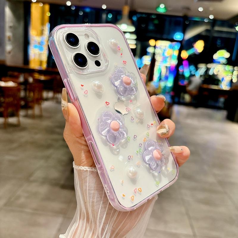 INS Korea 3D Flower 2 IN 1 Transparent Phone Case For iPhone 17 16 12 13 14 15 Pro Max Shockproof Frame Clear Soft Cover