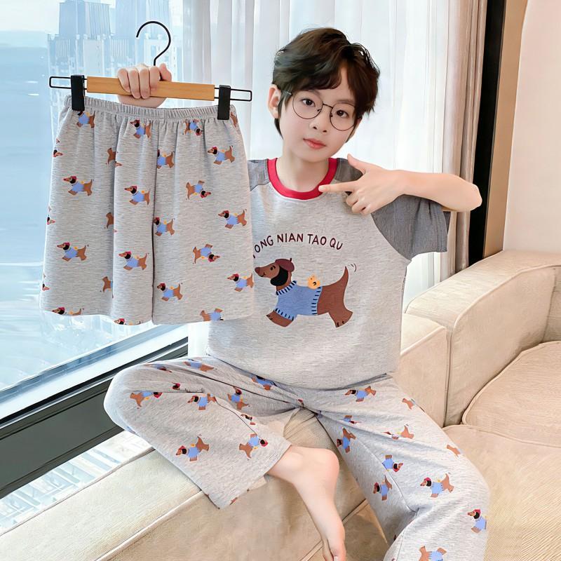 Boys Cotton Pajama Set Short Sleeve Shorts 3-Piece Cartoon Sleepwear Lightweight Home Outfit Kids