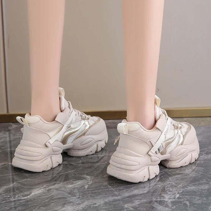 fashion Thick Lace Up Casual Women's Vulcanized Shoes Sports Breathable Leather Thick Sole Mixed Color Outdoor Casual Women's Mesh Shoes