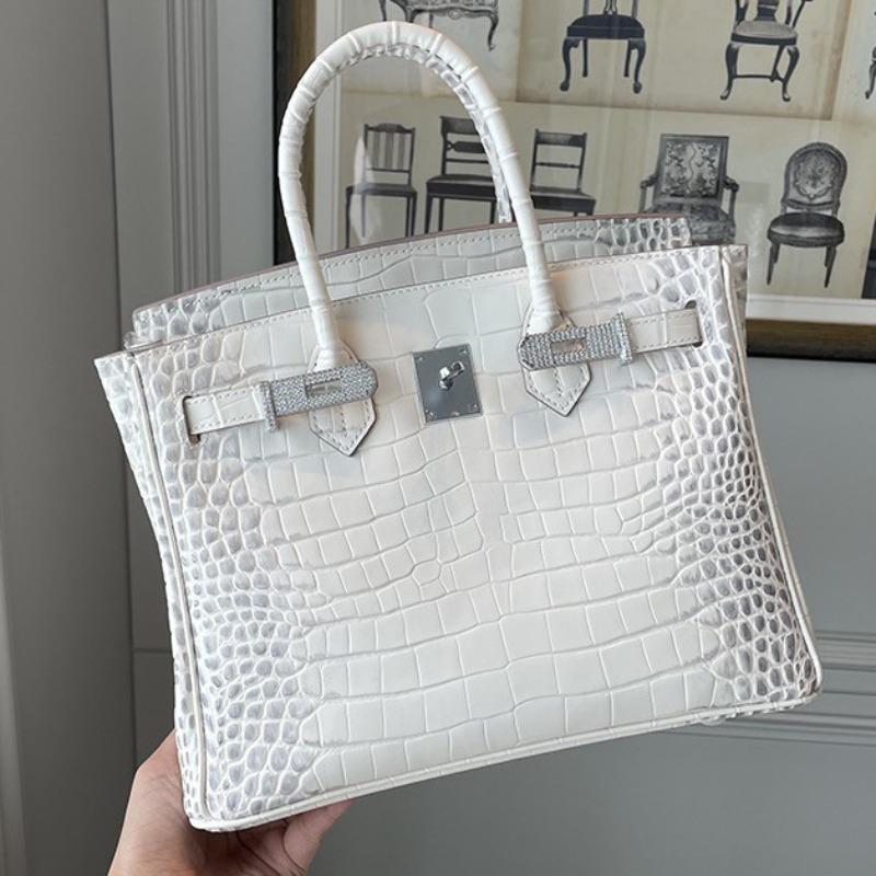 New Leather Diamond-encrusted White Crocodile Pattern Platinum Bag Shoulder Crossbody Portable Women's Bag Tide
