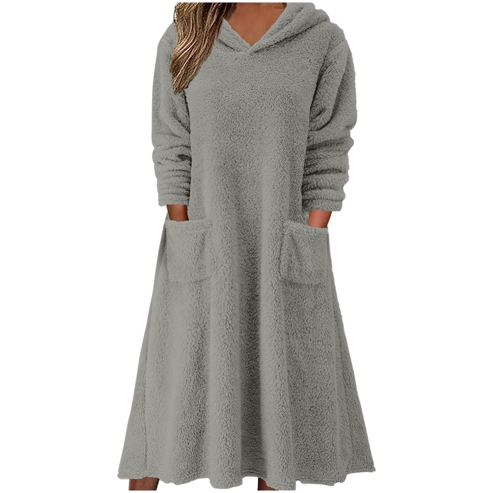 

Women s Fuzzy Fleece Hoodies Dress, Warm Winter Loose Long Sleeve Casual Soft Dresses with Pockets M
