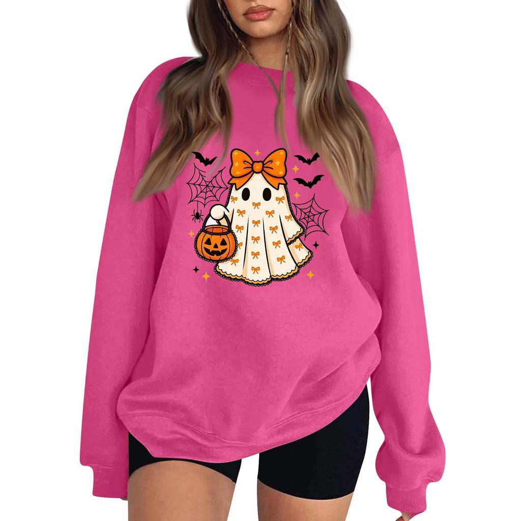 Women's Long Sleeve Neck Sweatshirt Loose Fit Casual Pullover Top with Small Halloween Print