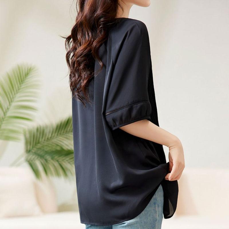 Stylowa plisowana łączona luźna bluzka odzież damska jednolity kolor casualowy krótki rękaw lato ażurowa elegancka koszula z dekoltem w serek