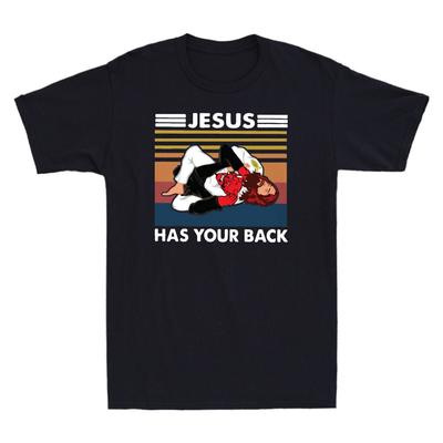 Jiu Jitsu Jesus Steht Hinter Dir Lustiges Christliches Geschenk Vintage Herren T-Shirt Schwarze Oberteile Sommer Baumwollhemd Kurzarm Streetwear