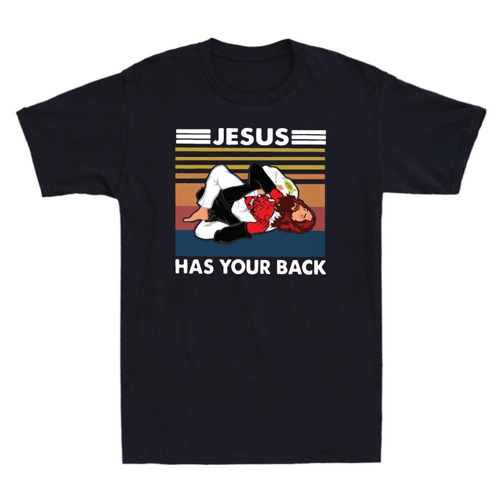 Jiu Jitsu Jesus Has Your Back Funny Christian Gift Vintage Mens TShirt Black Tops Summer Cotton Shirt Short Sleeve Streetwear