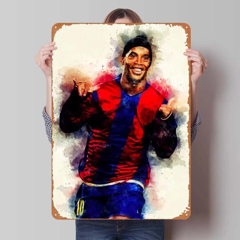 Ronaldinho Sign Sportposter Metallväggkonst av Muraler Vintage Metallplåtskylt Plakett för Väggkonstdekoration Mank Cave Retro Hem