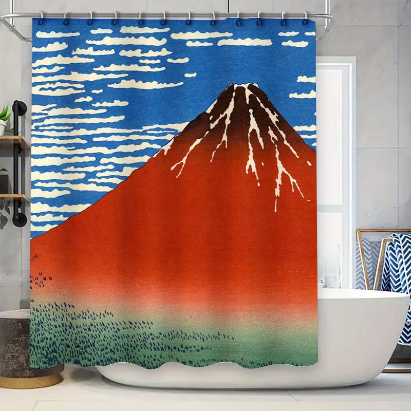 Japanese Red Mountain Shower Curtain Japanese Art Bath Decor for Home Decoration Blue Sky with White Clouds Pattern Shower Curta