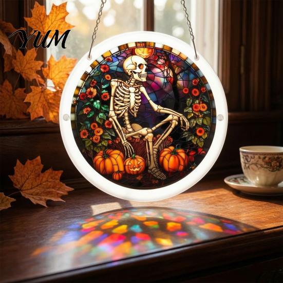 Unique Birthday Gift for Her Halloween Moon Black Cat Suncatcher Jigsaw Puzzle, 2D Acrylic Mystical Feline Window Hanging Tiffany Style Light