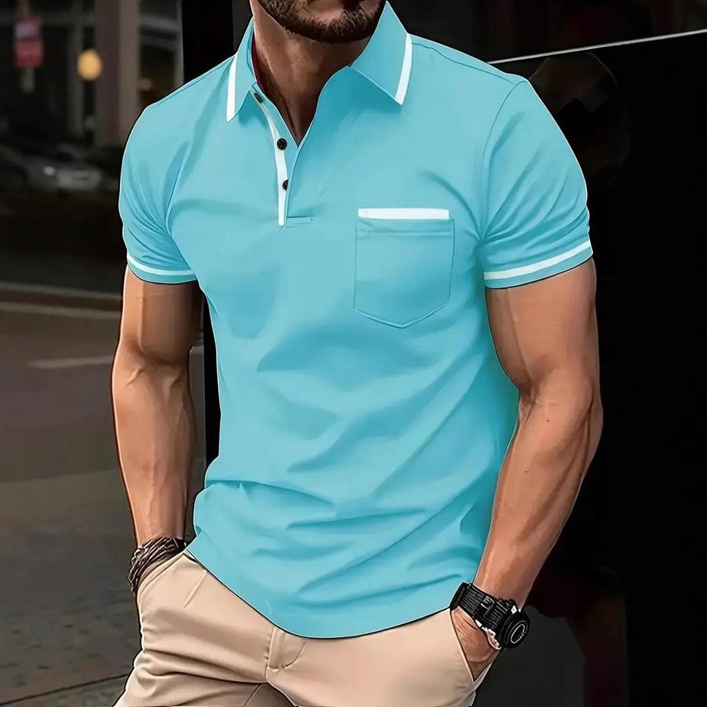 Men Clothes Summer Casual Short Sleeve Lapel Golf Polo Shirt Pocket Stitching Tops Polo Shirt