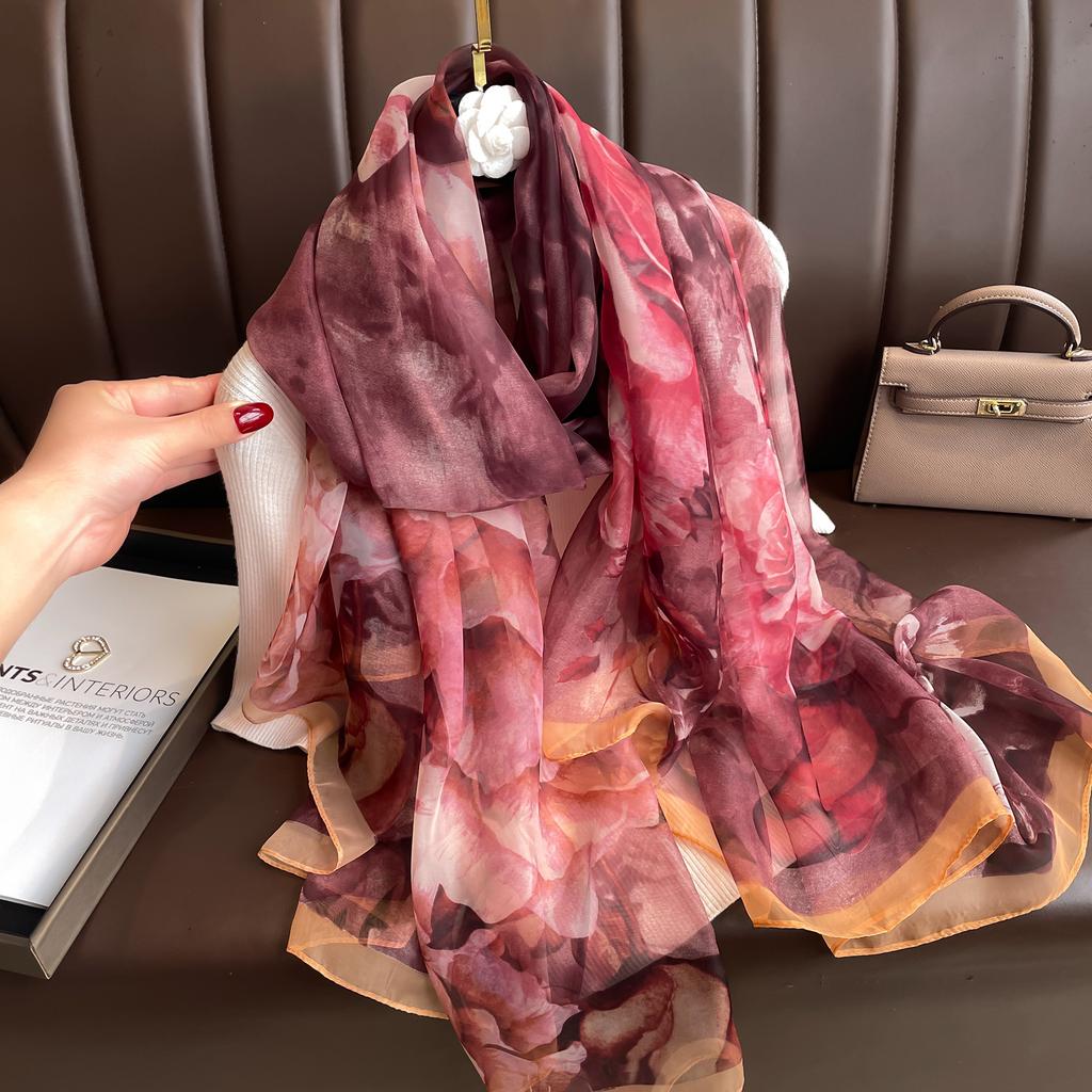  Fashion Silk Scarf Women Foulard Thin Stoles Beach Travel Tippet Floral Long Veil Shawl Luxury Scarves Soft Premium Pareos