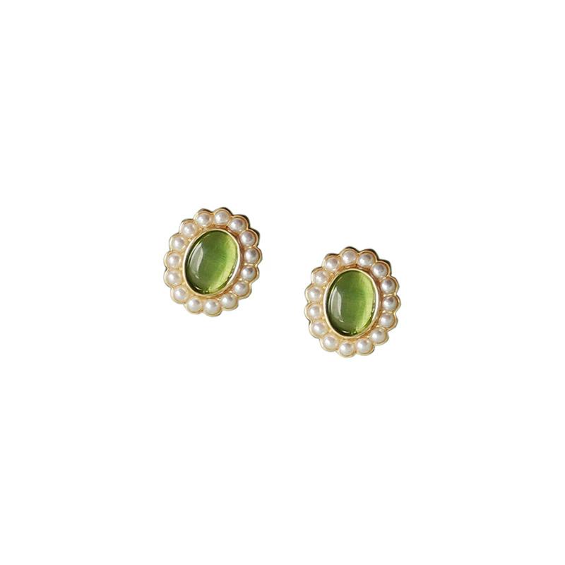 Gentle Green Cat Eye Oval Stud Piercing Earrings For Women Elegant Fashion New Jewelry Gift Party Beach Vacation