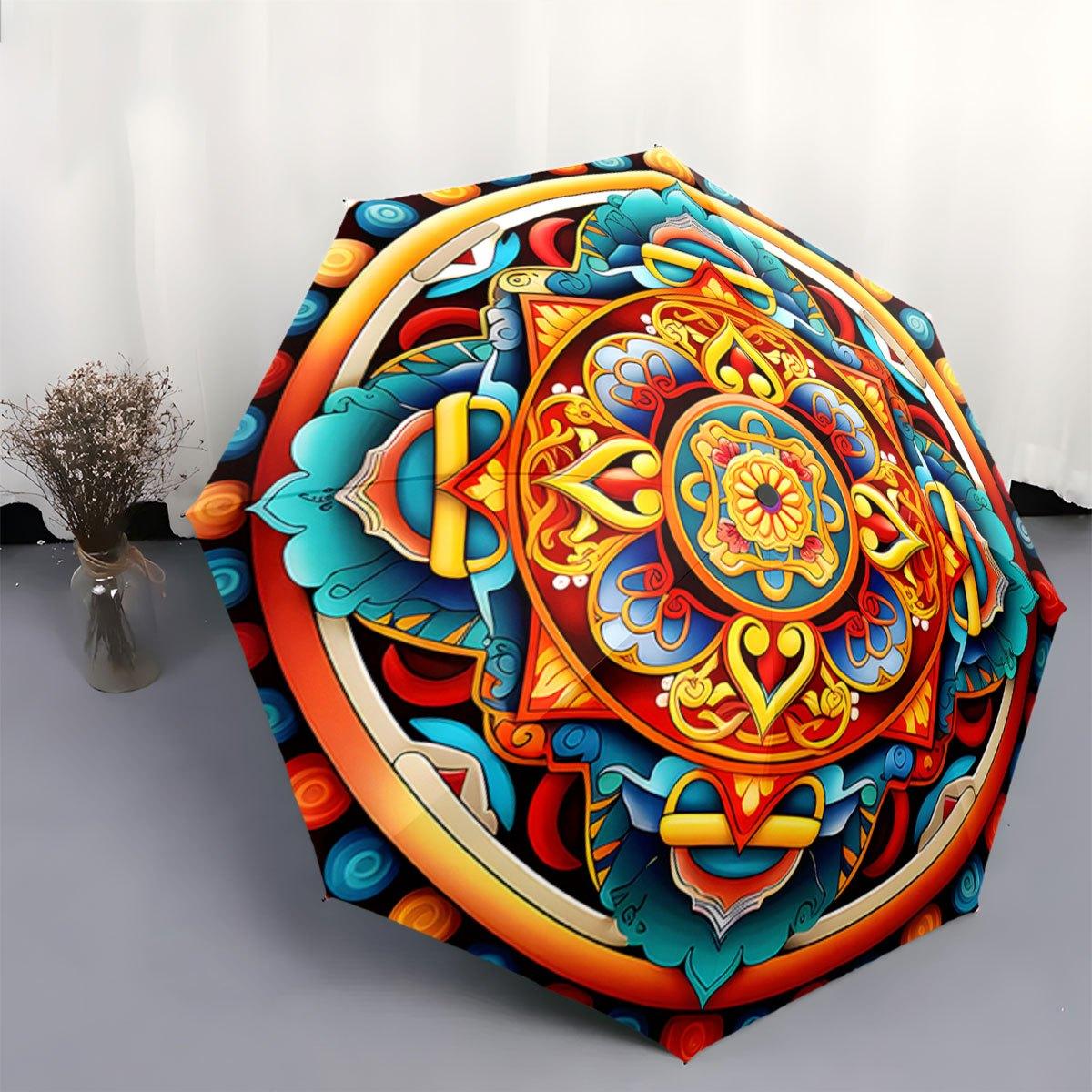 

Automatic Folding Umbrella with Mandala Design - Portable Collapsible 8-Rib Durable Canopy, Vibrant Colors for Outdoor Travel,