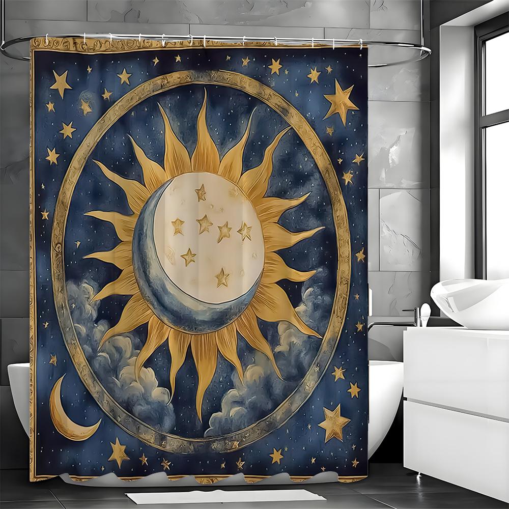 Sun Moon Star Shower Curtain, Bathroom Decorative Shower Curtain, Waterproof Shower Curtain with Hooks