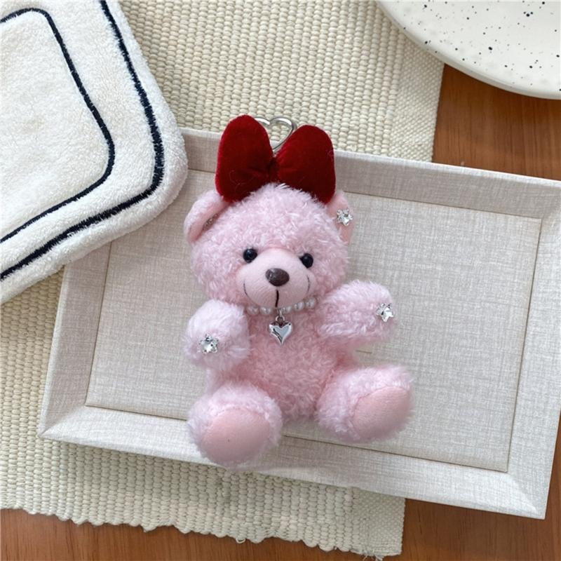 Soft Plush Bear Hanging Ornament Fashionable Soft Bear Keychain with Bowknot Plush Key Accessory for Stylish Bags