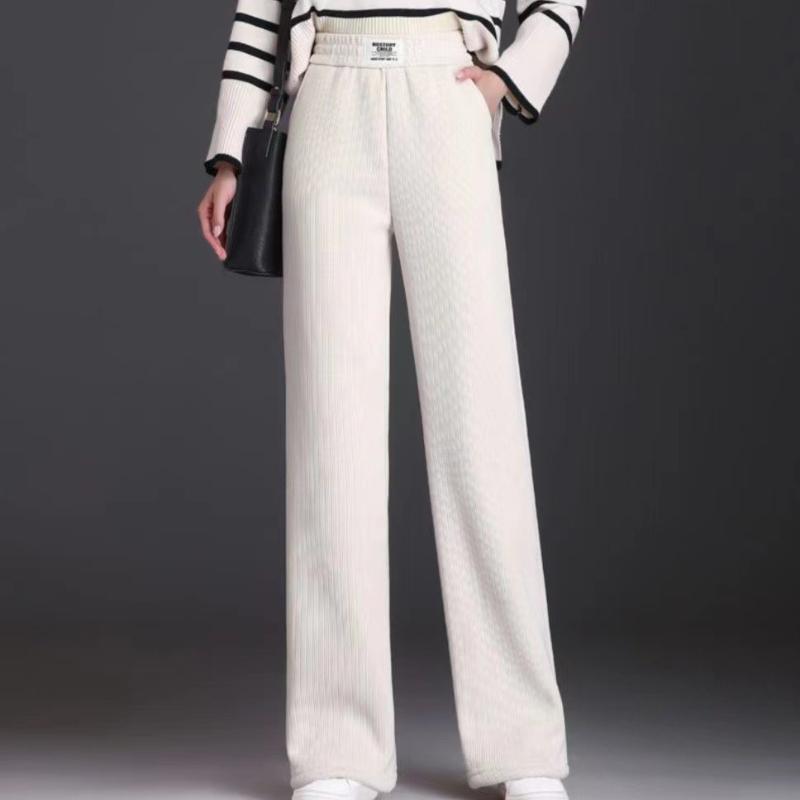 Chenille Flare Pants Women Winter Fleece Pants High Waist Wide Leg Casual Straight Cut Mom Extra Thick Sherpa Women Trousers