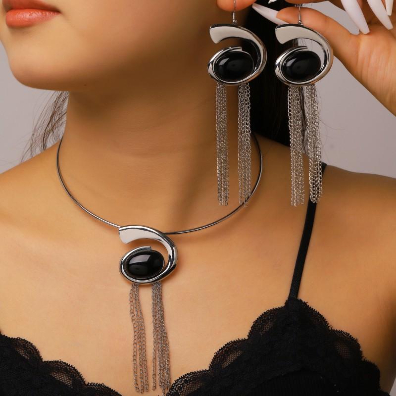 Womens Geometric Oval Spiral Statement Jewelry Set Necklace Earrings Bracelet Ring Trendy Fashion Accessories