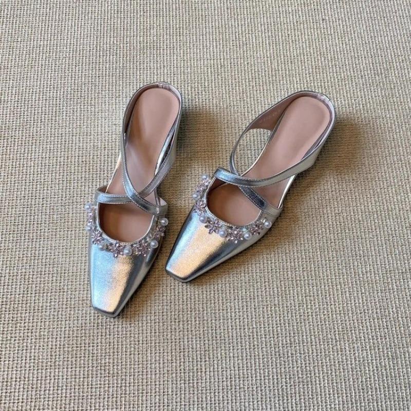 Fashion New French-style Pearl Cross-strap Baotou Half Slippers Square Toe Shallow Mouth Heightened Temperament Sandals and Slippers