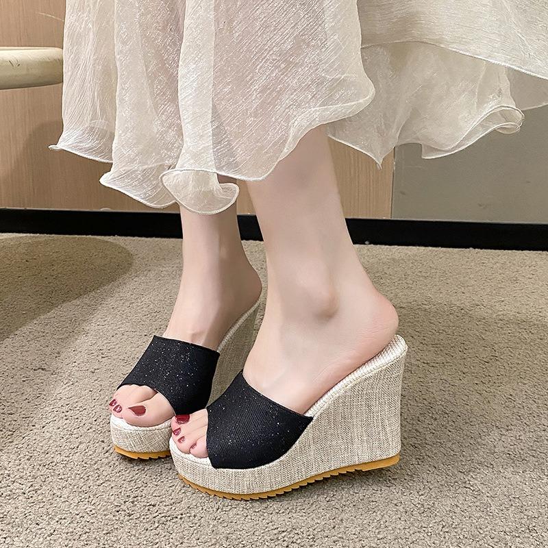 Wedge heel fish mouth large size slippers large size summer new thick bottom heightening cloth surface cool slippers women