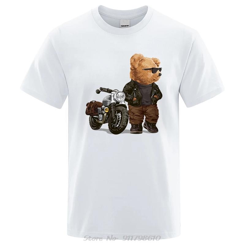 Motorcycle Teddy Bear Wearing Sunglasses T Shirt Unisex O-Neck Funny Clothing Cotton Oversized Tops Hip Hop Casual T-Shirt