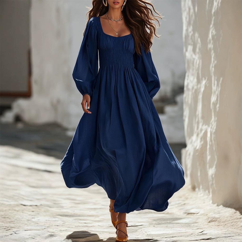 Women's Square Neck Long Sleeve Maxi Dress, Color Cinched Waist Casual Dress