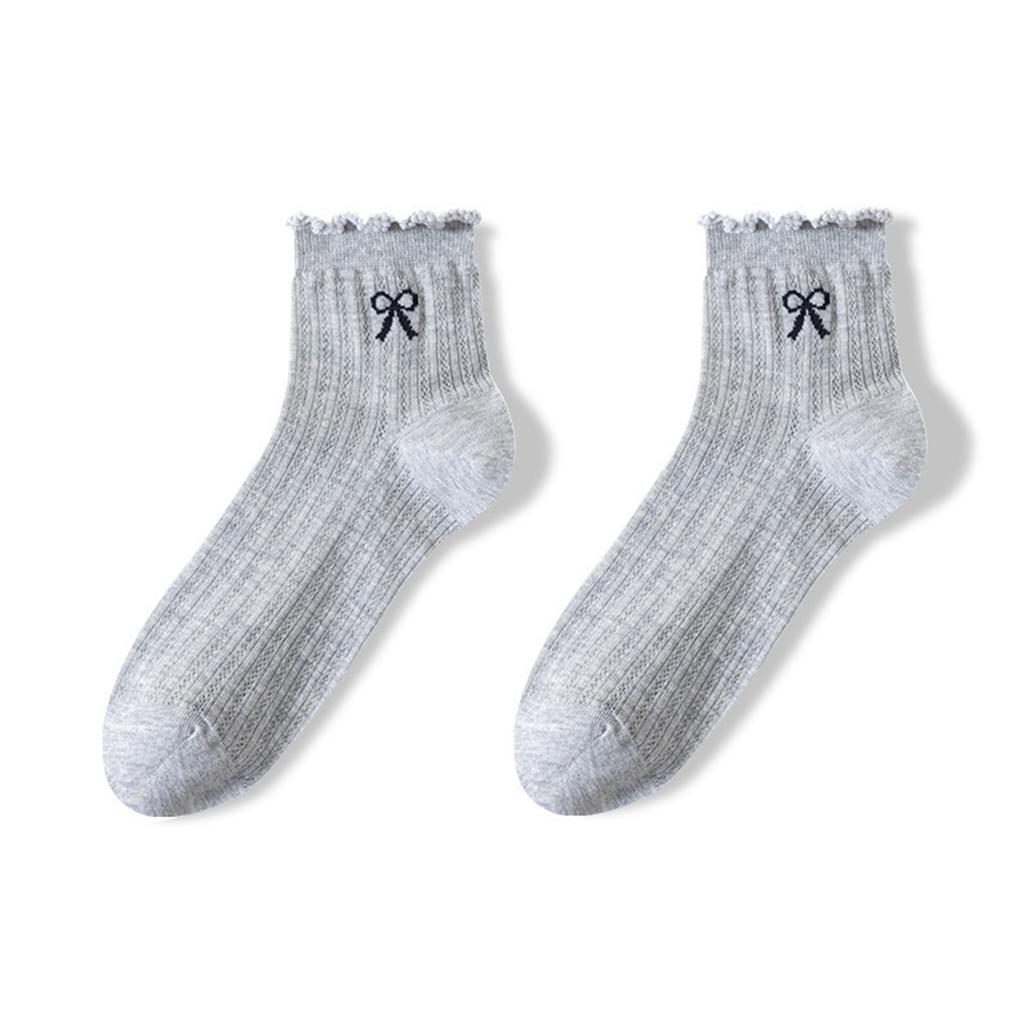 Women’s Lightweight Mesh Ankle Socks Breathable Lace Trim Crew Socks with Bow Embroidery and Hollow Out Design for Everyday Wear
