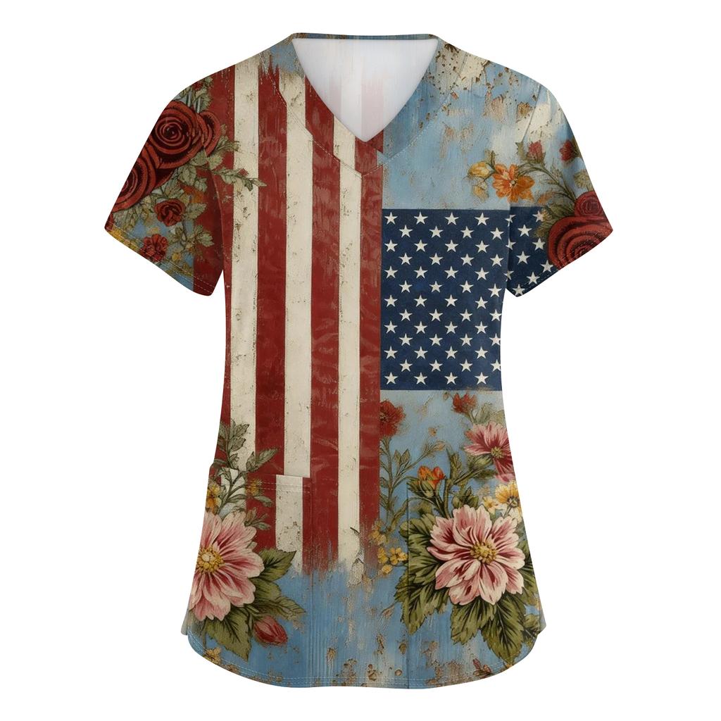 Women's Short-Sleeve Independence Day Print V-Neck Pocket Workwear Top