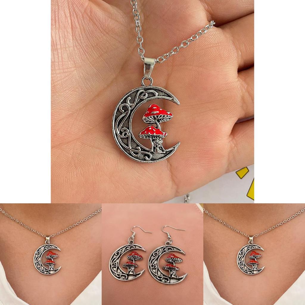 Unique Fashionable Alloy Moon And Cute Red Mushroom Pendant Necklace For All
