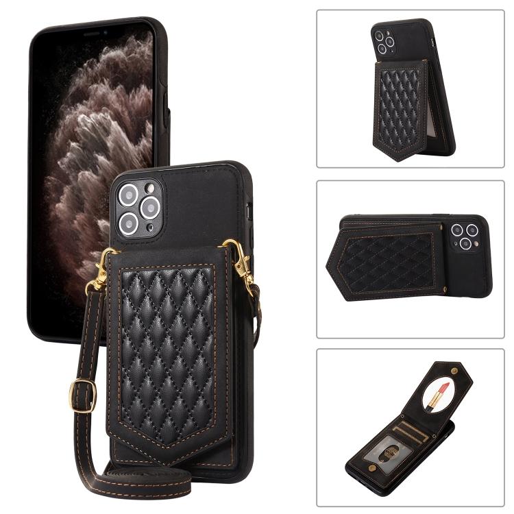 For iPhone 11 Pro Max Rhombic Texture RFID Phone Case with Lanyard & Mirror