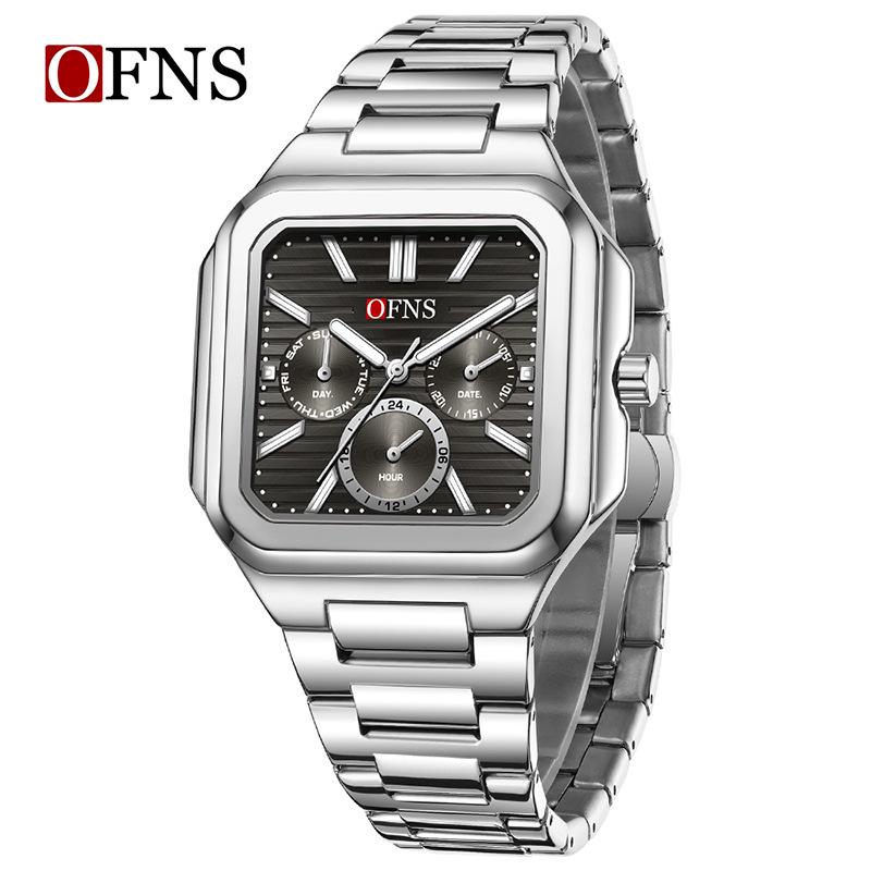 OFNS Six-Hand Men's Square Quartz Watch: Luminous, Day-Date, 30M Waterproof, Silicone Steel Band, Hot Seller