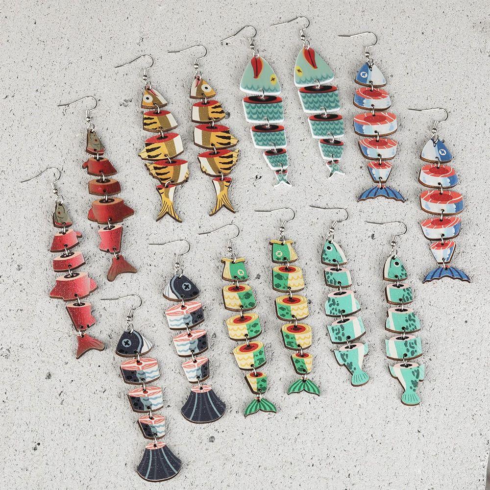 5Pairs Acrylic Wood Salmon Fish Earrings Multi Segment Beach Drop Earrings Fish Drop Earrings  Women