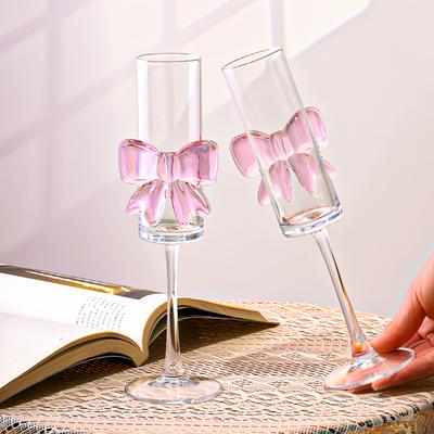 Glass Goblets, Pink Bow Design, High-Transparency Body, Suitable for Wine Tasting/Sparkling Wine/Champagne/Wine, Shatterproof High-Quality Crystal