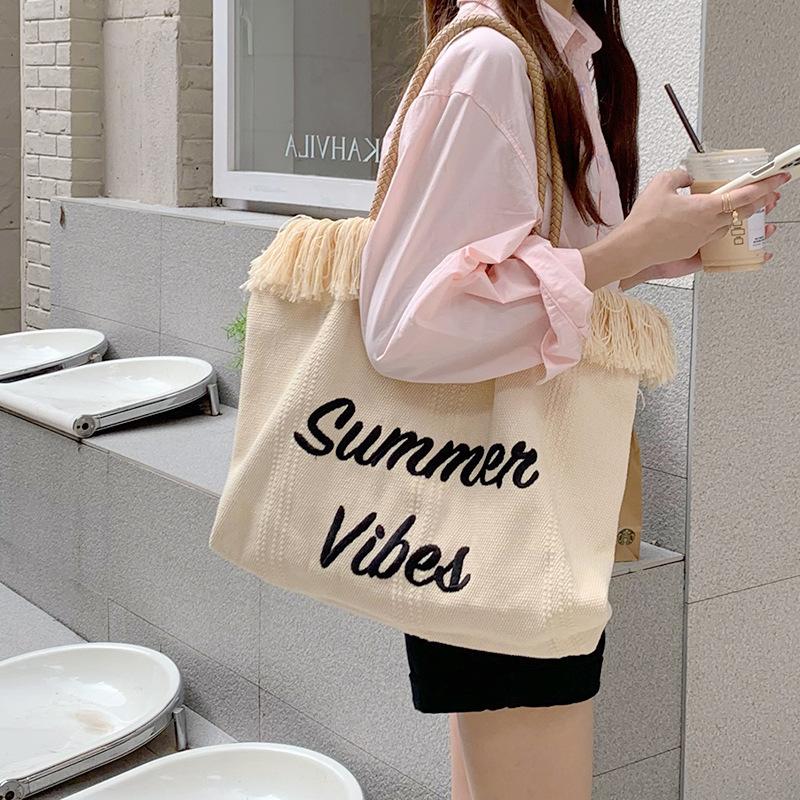 Premium Quasten Canvas Große Kapazität Tragetasche Mädchen Rosa Canvas Tasche Damen Sommer Tragetasche Eine Schulter College Strapazierfähiges Material Studenten Pendeltasche