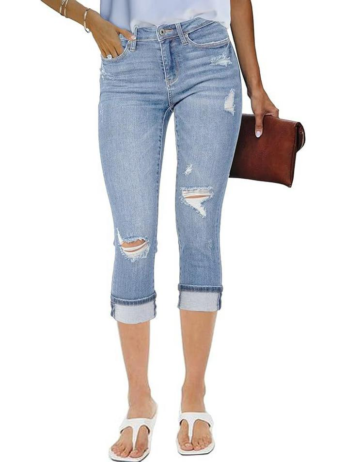 

European-American Style Deep Blue Mid-Waist Ripped Denim Capri Pants - Cotton, Spring/Autumn M светло-синий