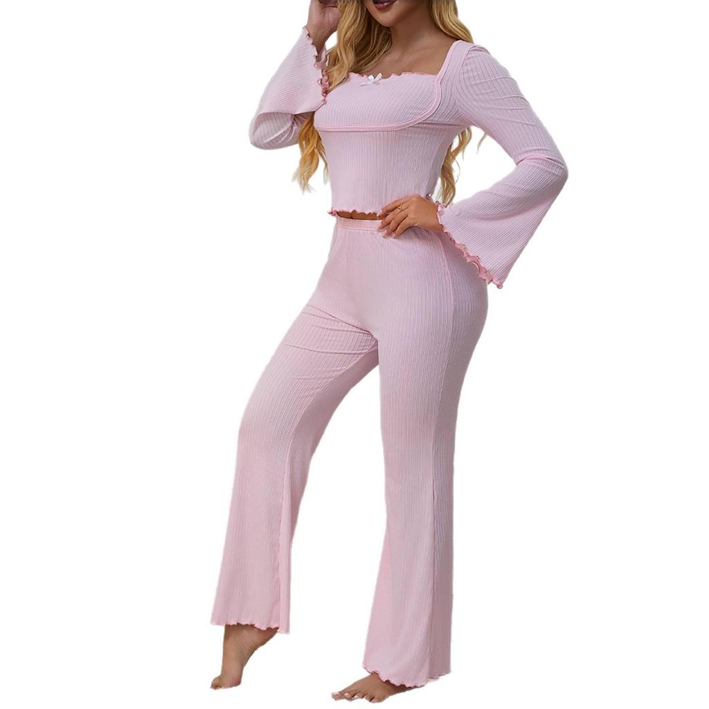 Women's Bell Sleeve Pajama Set: Sexy & Simple Long Sleeve Top with Bow and Long Pants