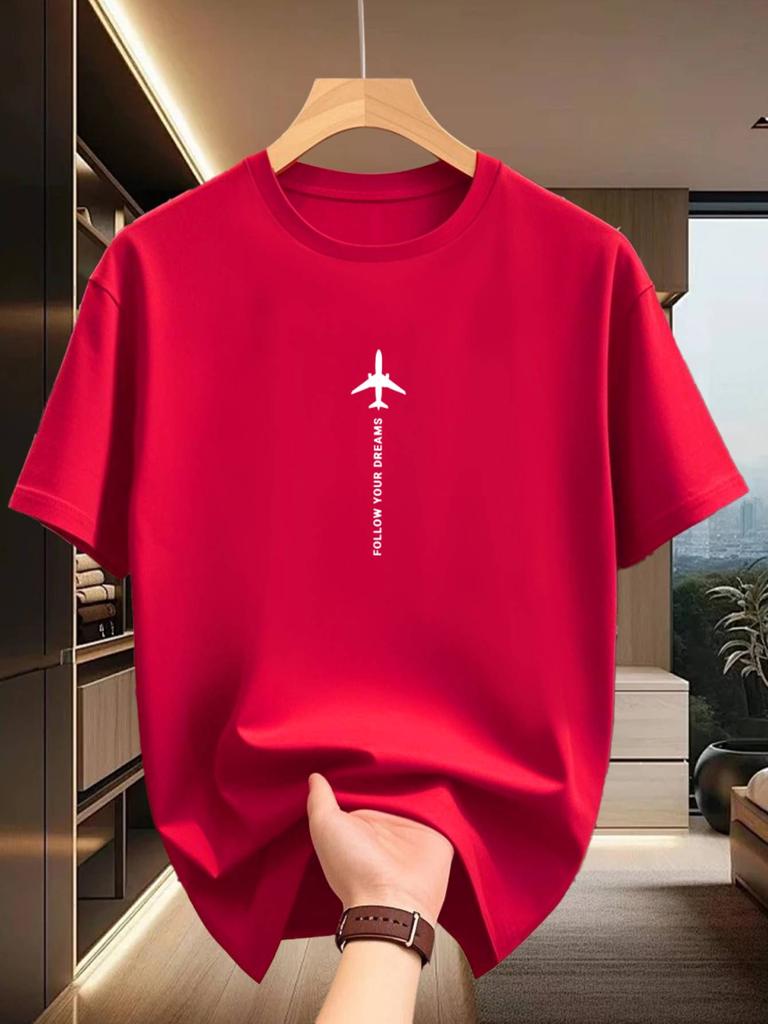 Summer 100 Pure Cotton Unisexs Casual Loose Fashion Airplane Letter Printed Breathable Sports Short Sleeved Round Neck TShirt