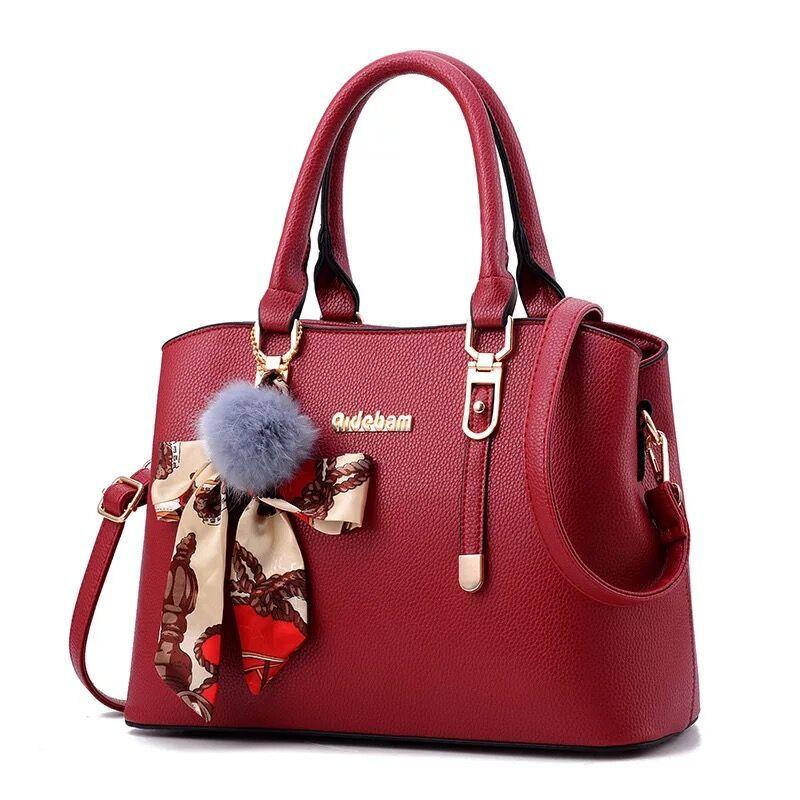 2025 New Stylish Large-capacity Solid Color Handbag PU Waterproof Messenger Bag Plush Pendant Simple Shoulder Bag