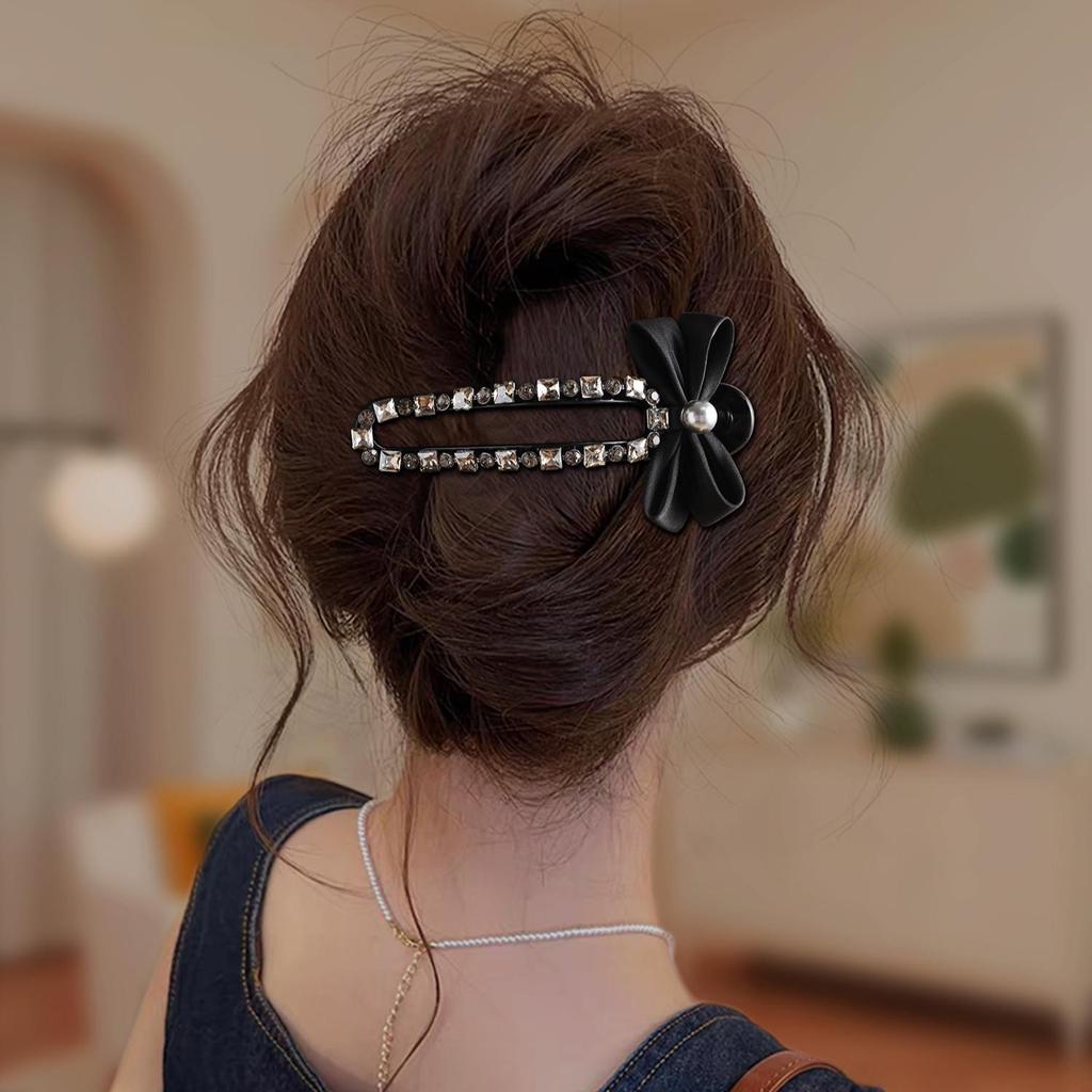 Glam Rhinestone Bow Hair Clip with Anti-Slip Teeth - Luxurious Casual Women’s Side Clip