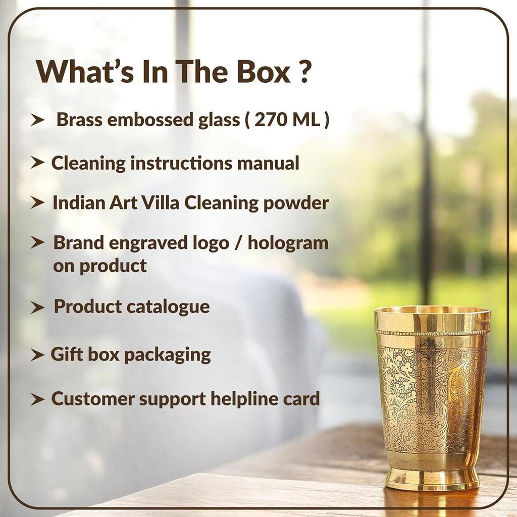 Pure Brass Glass Tumbler with Embossed Design, for Drinking Serving Water, Yoga & Ayurveda, Volume-270 ML, 1 Piece