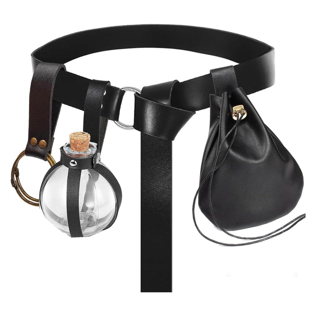 Medieval Leather Waistband Belt with Cord and Pouch