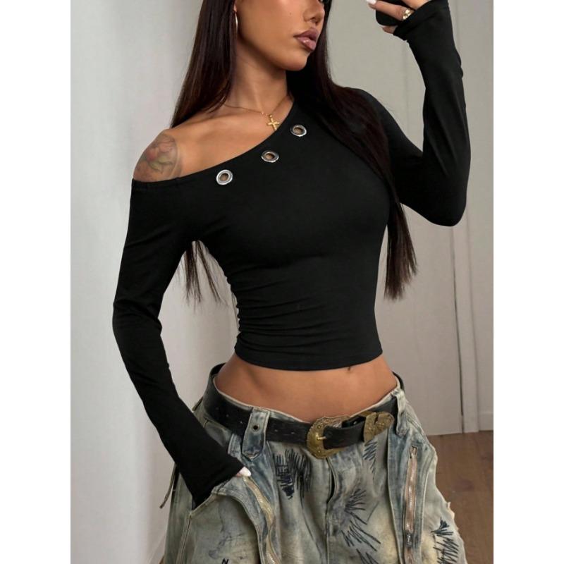 Top Asimmetrico con Spalle Scoperte da Donna a Maniche Lunghe Temperamentale Tinta Unita Slim Pullover T-shirt Corta