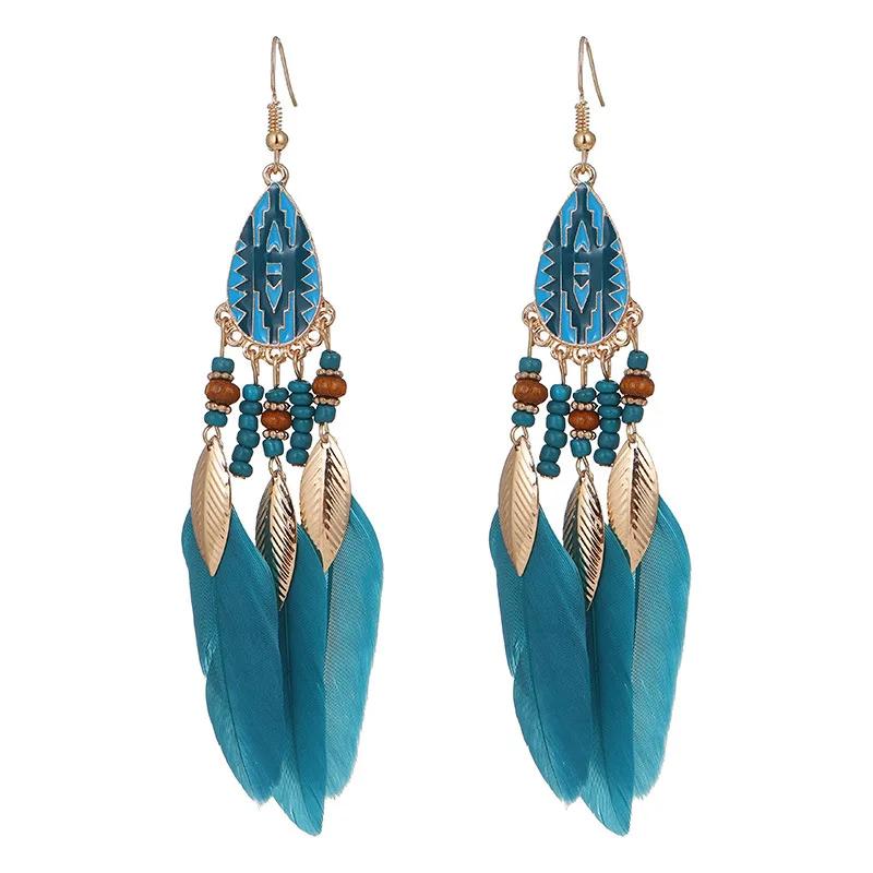 Cercei Etnici Lungi cu Pene pentru Femei, Ciucuri Boemi cu Mărgele Lucrate Manual, Cercei Eleganti cu Frunze Pendente pentru Petrecere