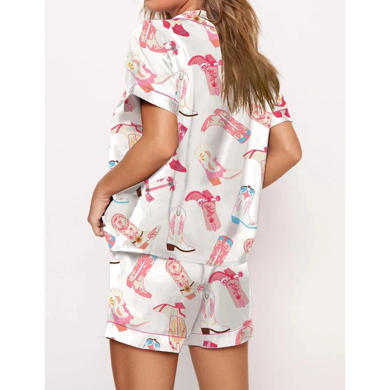 Bow Boots Print Satin Pajamas Short Set for Valentine's Day Satin Silk Pjs Sleepwear Loungewear Lounge Set