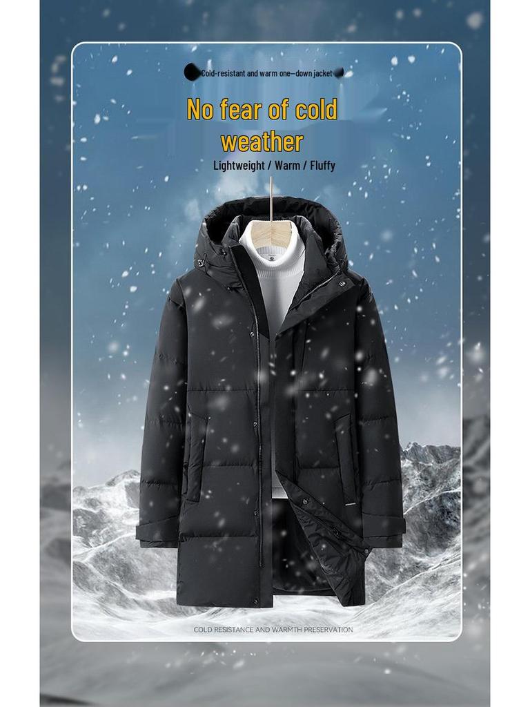 Men's Mid-Length Hooded Black Down Jacket - Thickened Winter White Duck Down Coat for Warmth