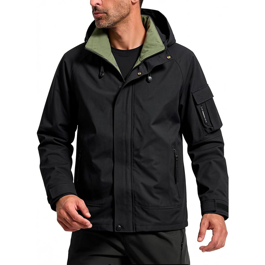 Men's Windproof Hiking Jacket with Hood Long Sleeve Zip Front Outdoor Coat for and Hiking