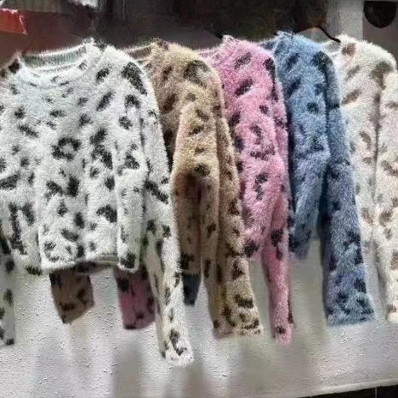 Imitation Mink Fur Loose Long Sleeve Cropped Sweaters Women Autumn Winter Fashion Leopard Print Pullover Sweater Ladies Elegant Slim Knitwear 24792